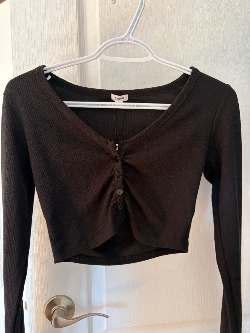 Garage Black Ribbed Button-Front Crop Top